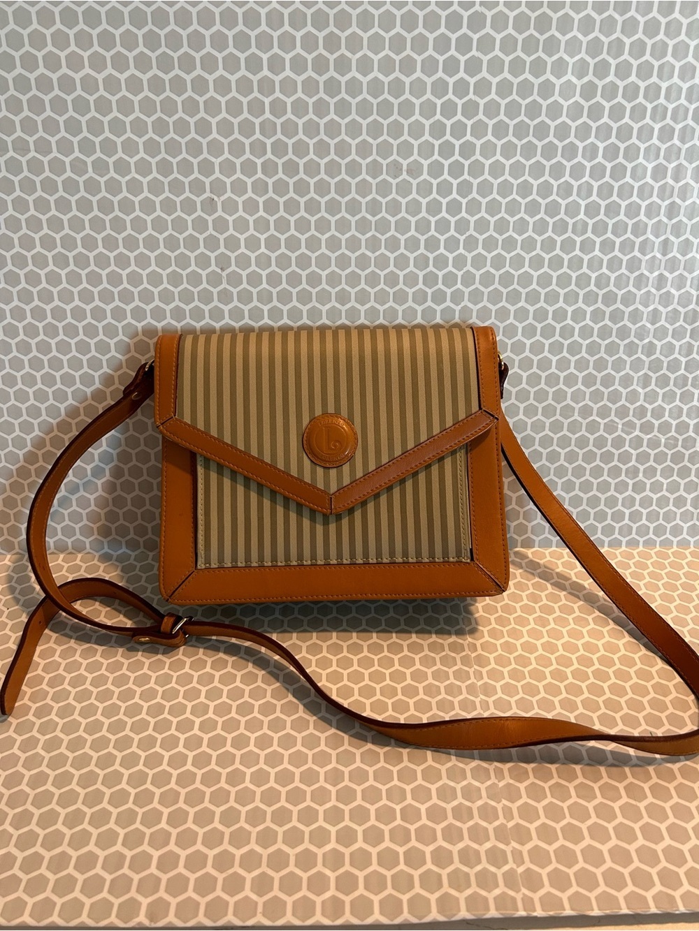Lorenzo Tan Stripe Crossbody Bag with Leather Trim